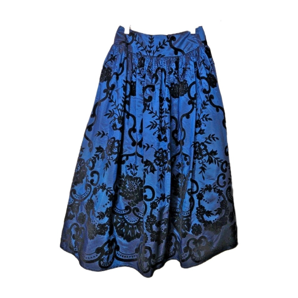Vtg 80s Scott McClintock Blue‎ Satin Black Velvet Skirt Size 6 Prom Whimsygoth
